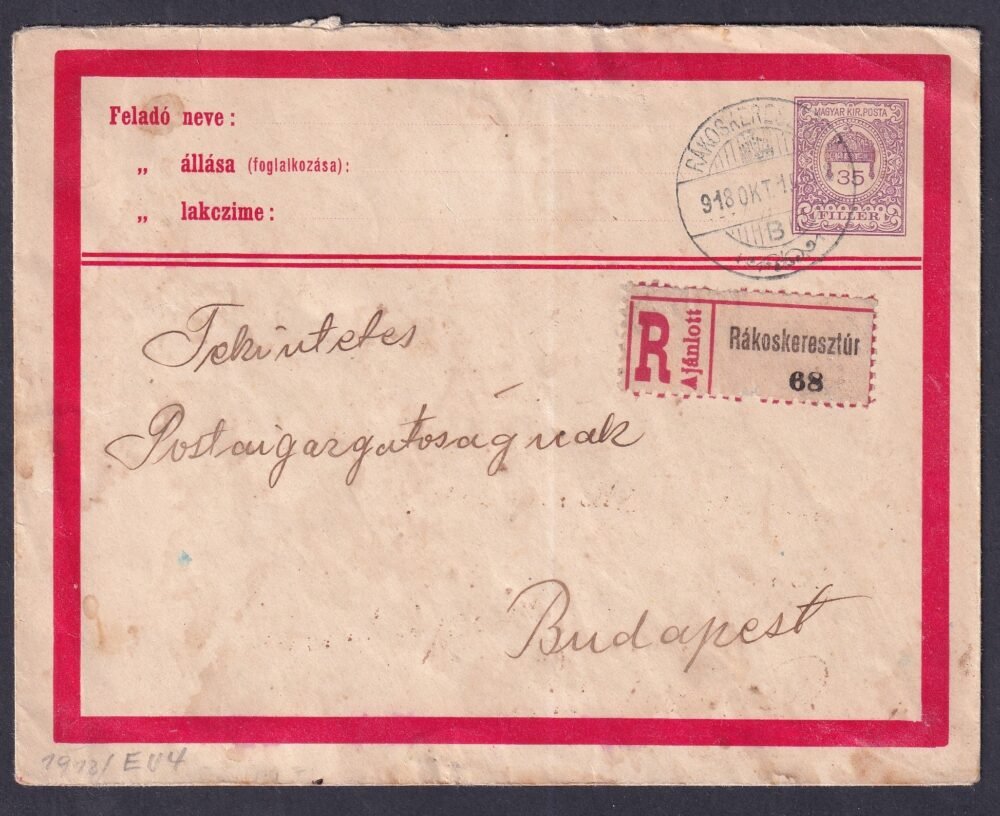 1918. Rákoskeresztúr, Budapestre feladott 35f-es díjkiegészített ajánlott boríték (2. súlyfokozat)