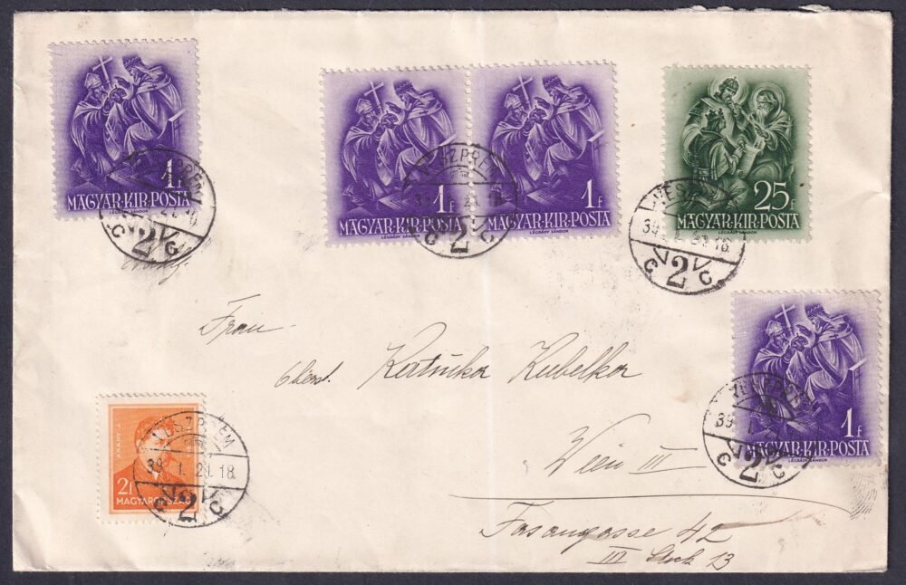 1939. Veszprém, Bécsbe feladott levél, (Szent Istvár III. 25f többes-vegyes felhasználással!)