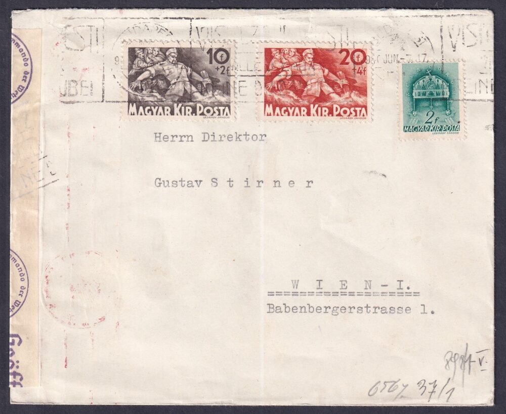 1940. Bécsbe feladott cenzúrázott levél, Árvíz II. bélyegekkel (jelentős felár!)