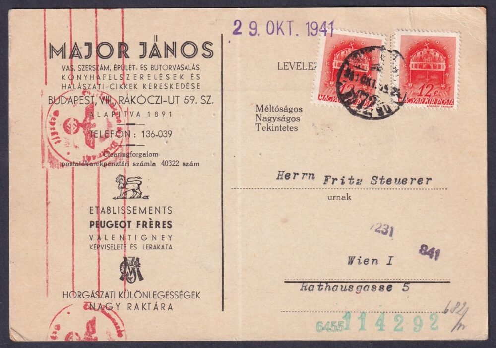 1941. Budapest, Bécsbe feladott céges (cenzúrázott) levelezőlap