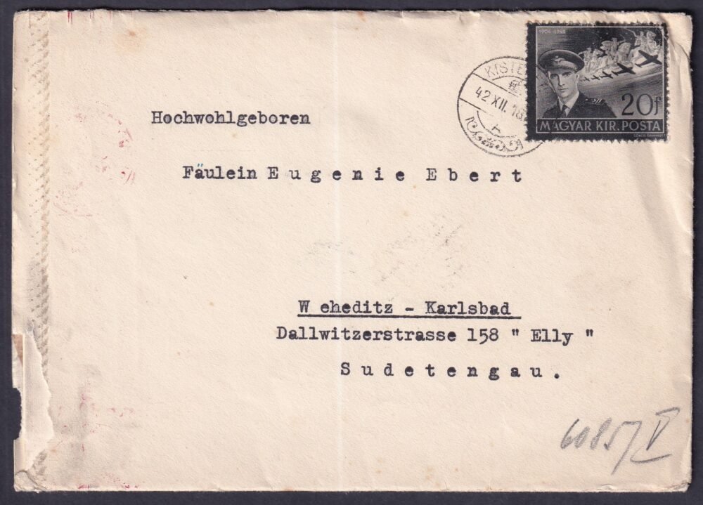 1942. Kisterenye, Karlsbad-ba feladott nyomtatvány boríték, tartalommal!