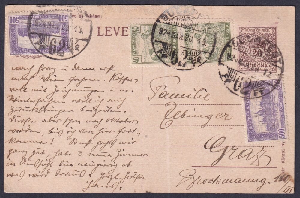 1924. Graz-ba feladott díjkiegészített levelezőlap (13. díjszabás)