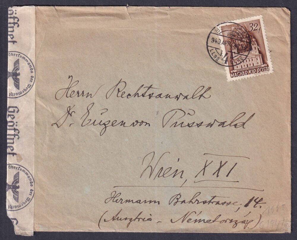 1940. Bécsbe feladott cenzúrázott boríték