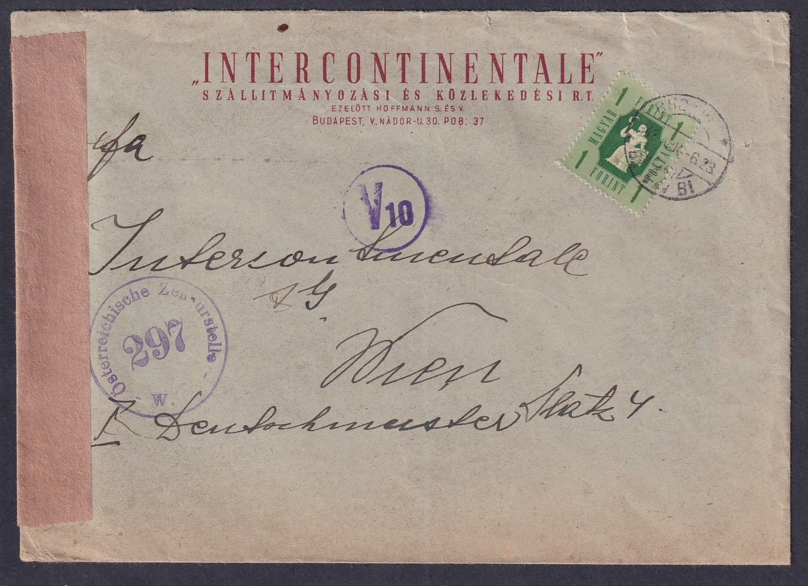 1948. Bécsbe feladott cenzúrázott céges boríték