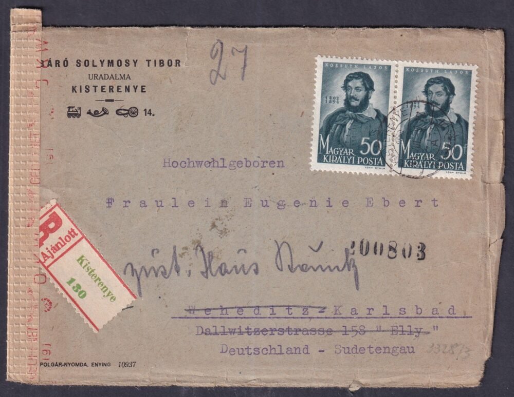 1944. KISTERENYE, Németroszágba feladott ajánlott boríték, cenzúrázott