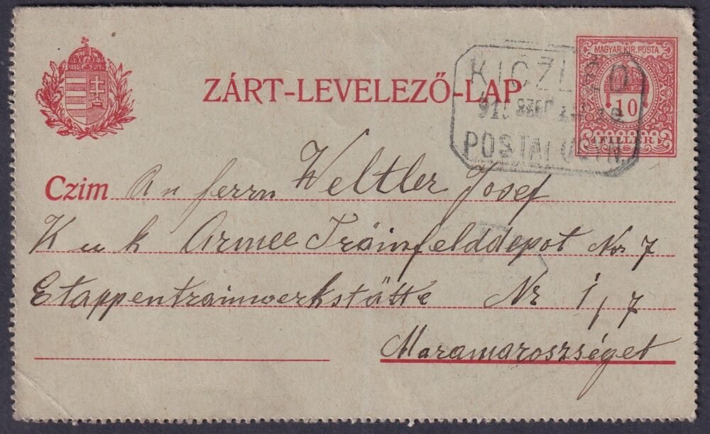 1915. KICZLÉD Postaügyökség bélyegzéssel, Máramarosszigetre feladott zárt-levelezőlap (Gudlin-Csatlós 500 pont)