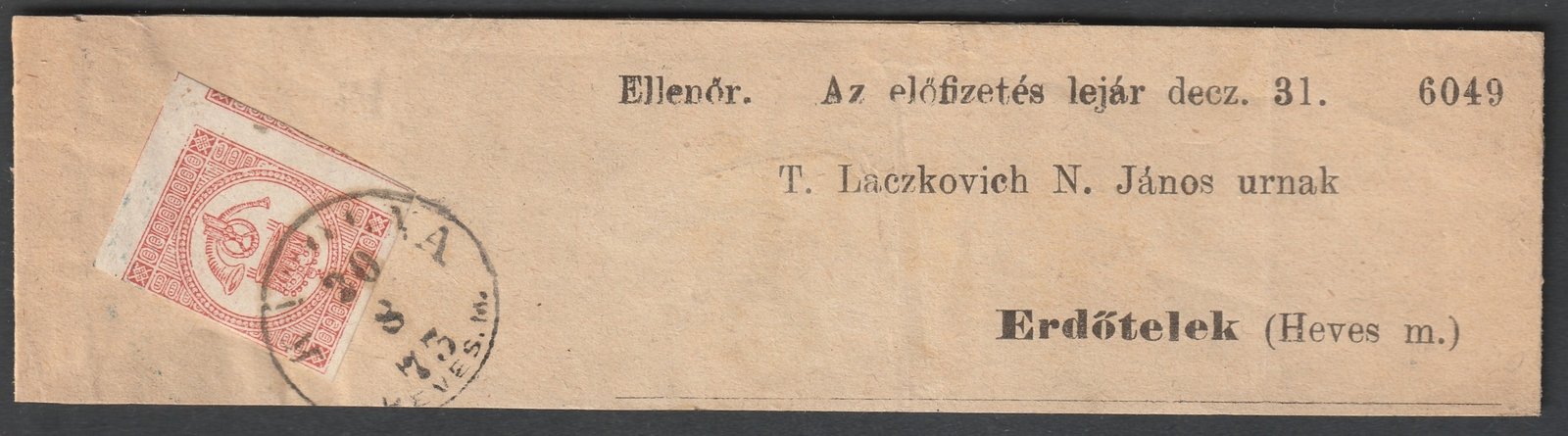 1873. Kápolna, Újságszalag könyvnyomásos Hírlapbélyeggel, hátoldalon (ismeretlen) kék KAÁL átmenő bélyegzés