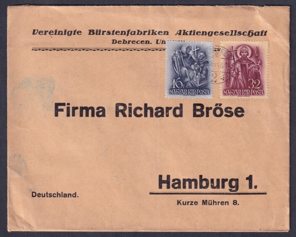 1939. Debrecen, Németországba feladott céges levél, (32 fillléres színes bérmentesítéssell!!!)