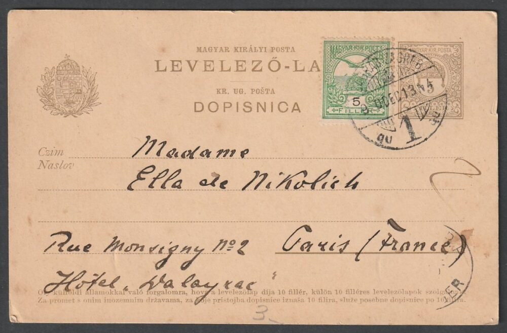 1910. Zágráb, Franciaországba feladott, magyar-horvát nyelvű díjkiegészített levelezőlap