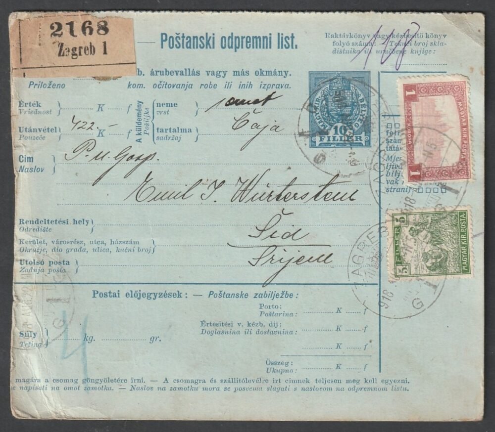 1918. Zagreb,  Šid-be feladott szállítólevél