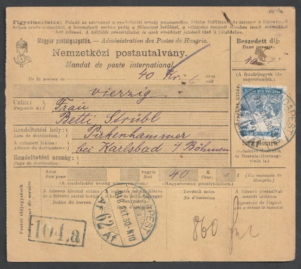1918. Budapest, Karsbad-ba feladott Nemzetközi postautalvány, 20 heller portóval