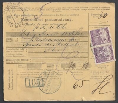 1918. Budapest, Pilzen-be feladott Nemzetközi postautalvány, 20 heller portóval