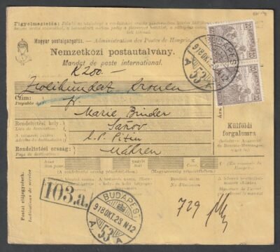 1918. Budapest, Pitin-be feladott Nemzetközi postautalvány, szükség portóval