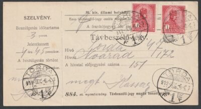 1912. Torda, Távbeszélő-jegy /teljes szelvénnyel!/ – (884sz.) 2x1 Korona díjtétellel