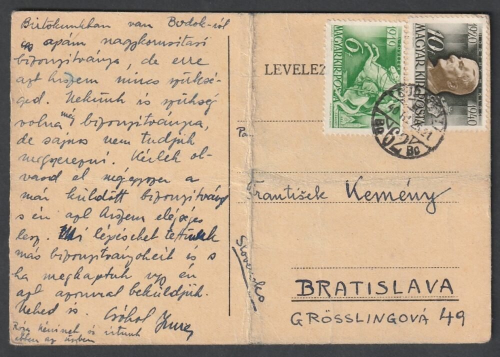 1940. Pozsonyba feladott levelezőlap