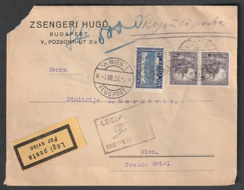 1926. Bécsbe feladott légiposta levél, Budapest-Wien légi irányító bélyegzéssel