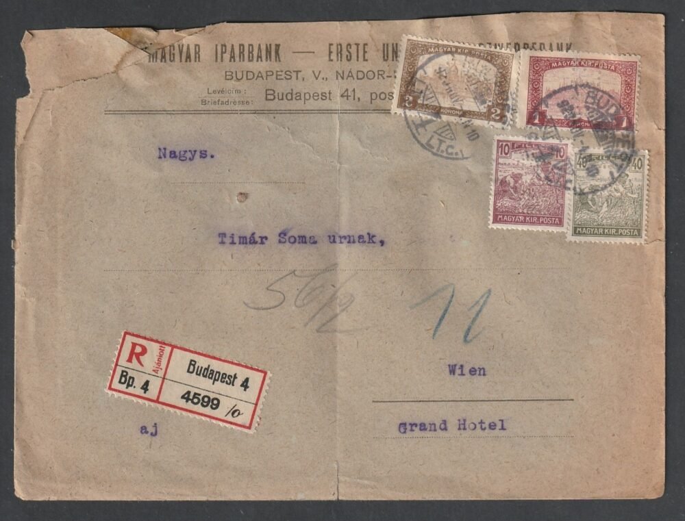 1920. Budapest, Bécsbe feladott ajánlott levél ˇE.M.I.ˇ perfin bélyegekkel