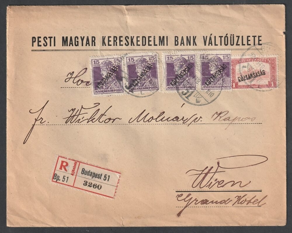 1920. Budapest, Bécsbe feladott ajánlott levél "PMKB" perfin bélyegekkel
