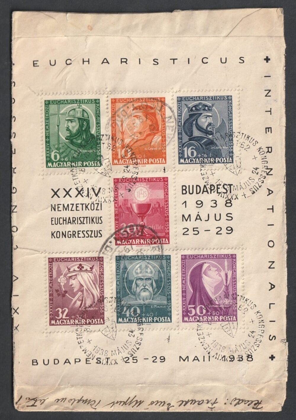 1938. Budapest, Mount Vernon (USA)-ba feladott ajánlott levél (Eucharisztikus blokkal bérmentesítve)