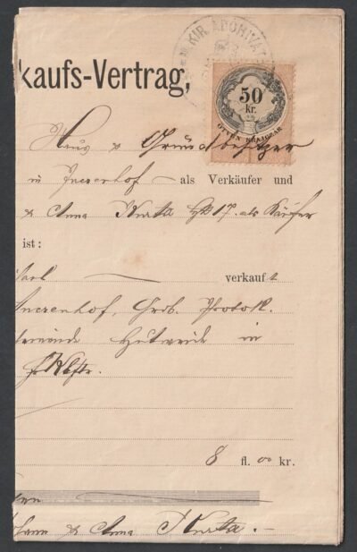 1887. Adás vételi szerződés, 50kr illetékbélyeggel