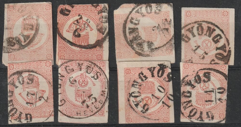 8 db GYÖNGYÖS bélyegzés 1871. könyvnyomású Hírlapbélyegen