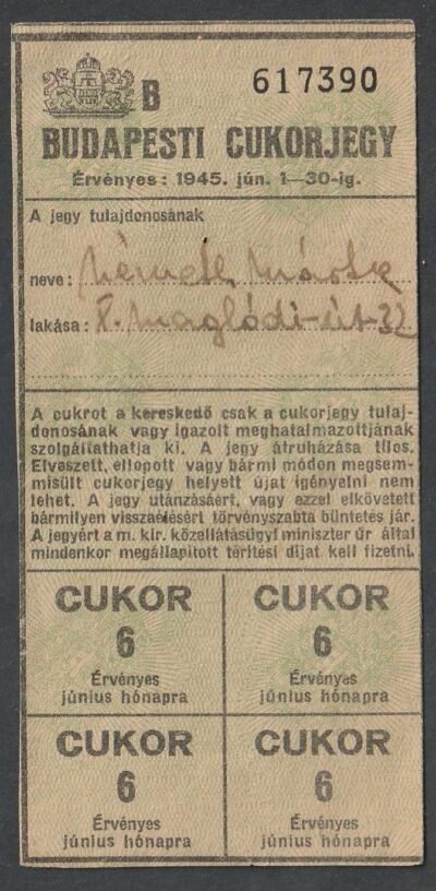 1945. jún. 1-30-ig, Budapesti cukor jegy