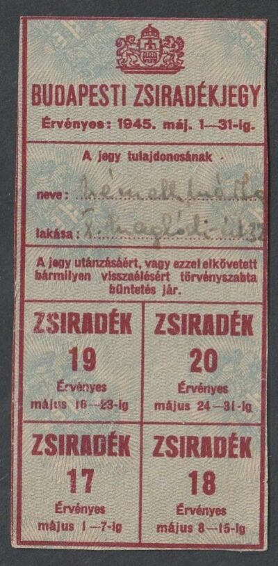 1945.máj. 1-31-ig, Budapesti zsiradékjegy