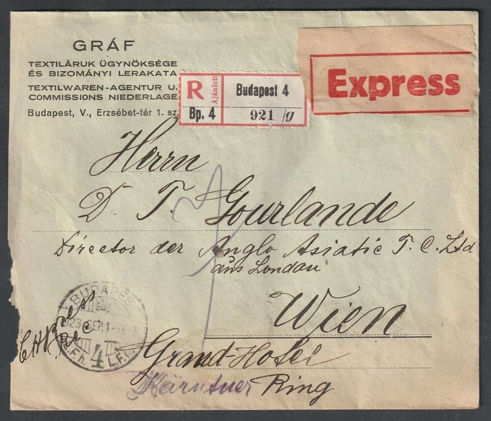 1923. szept. 1. Budapest, Bécsbe fekadott expressz-ajánlott levél