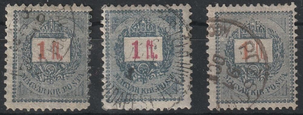 1889. 3 db 1 Ft eltérő értékjelzés változatokkal Tégv. vastag, kármin és téglav. normál