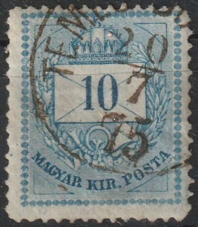 1874. 10kr, korai nyomat durván javított háromszögekkel