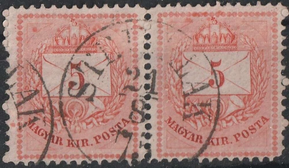 1874. 5 kr I-típus párban nagy festék foltokkal