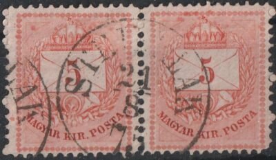 1874. 5 kr I-típus párban nagy festék foltokkal