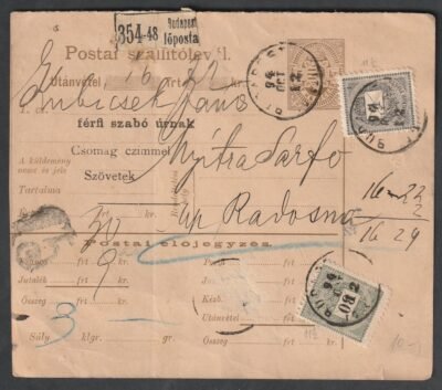 1894. szállítólevél két sorfogazású bélyeggel (egy 8 krajcáros bélyeg hiány!) - RADOSNA érkezési bélyegzéssel