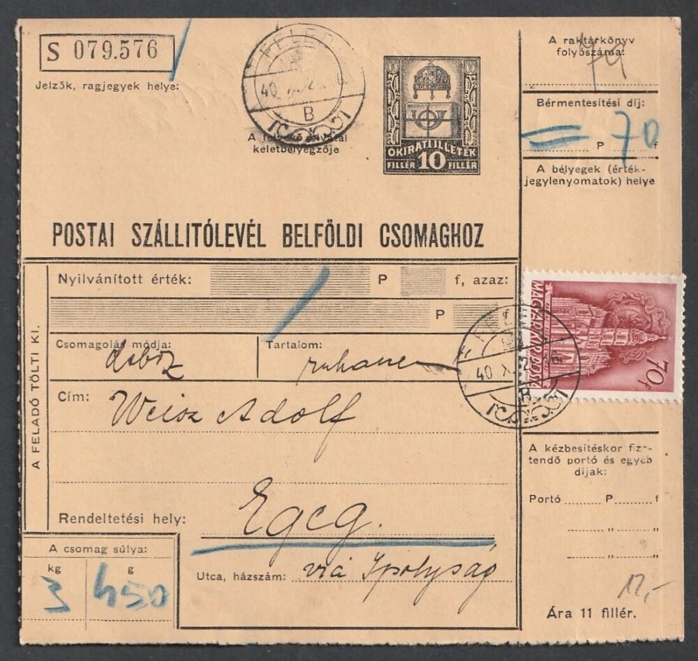 1940. Feled, Egeg-be feladott szállítólevél