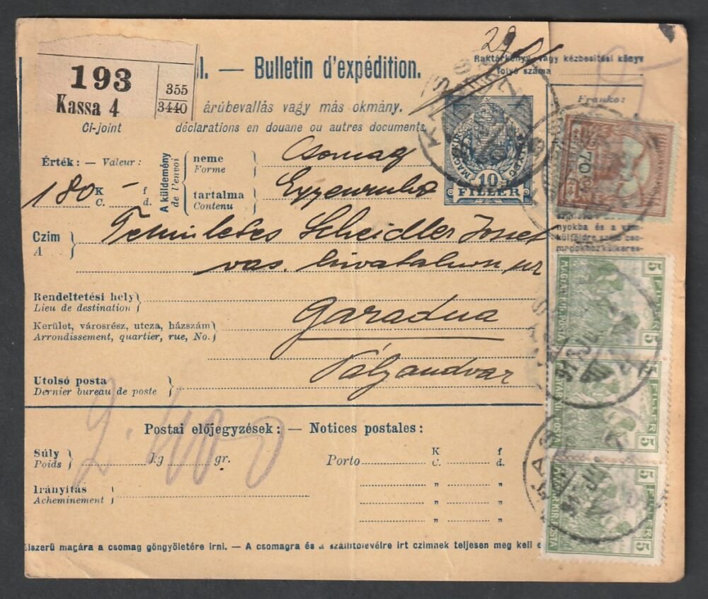 1917. Kassa, Garadnára feladott szállítólevél