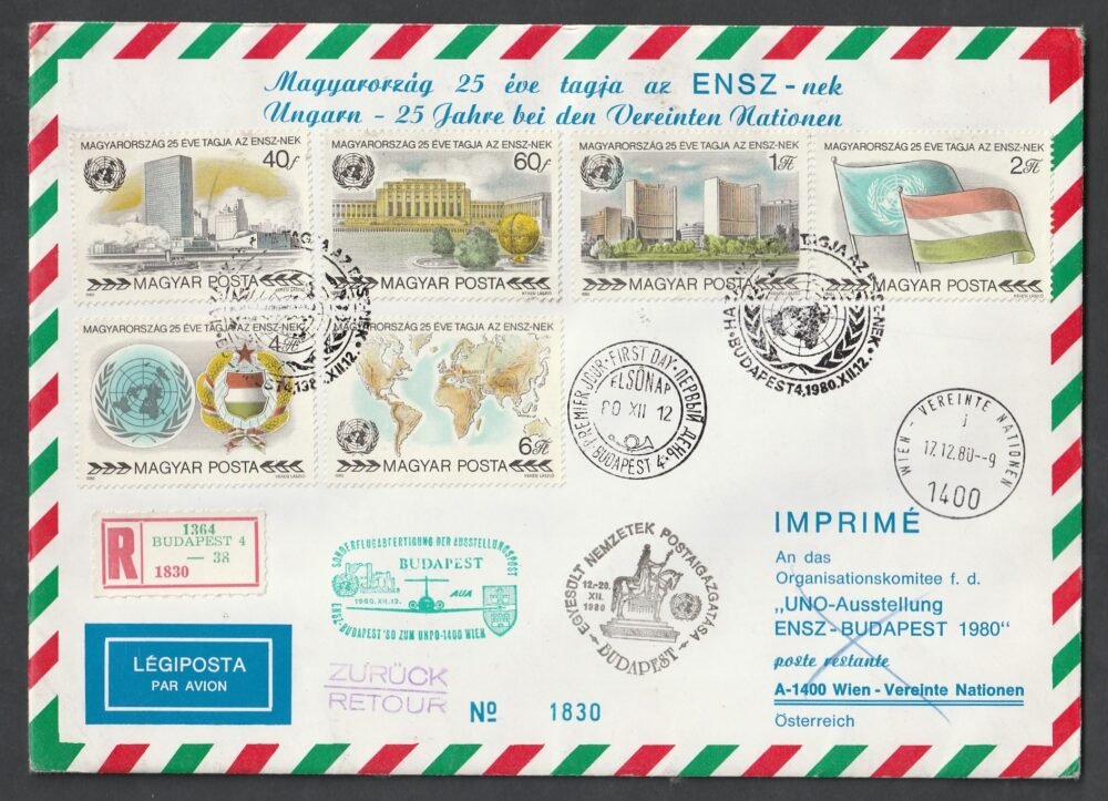 1980. Magyarország 25 éve tagja az ENSZ-nek FDC, Bécsbe az ENSZ irodába ajánlott, légiposta levélként feladott-vissza küldött levél, érdekes darab!
