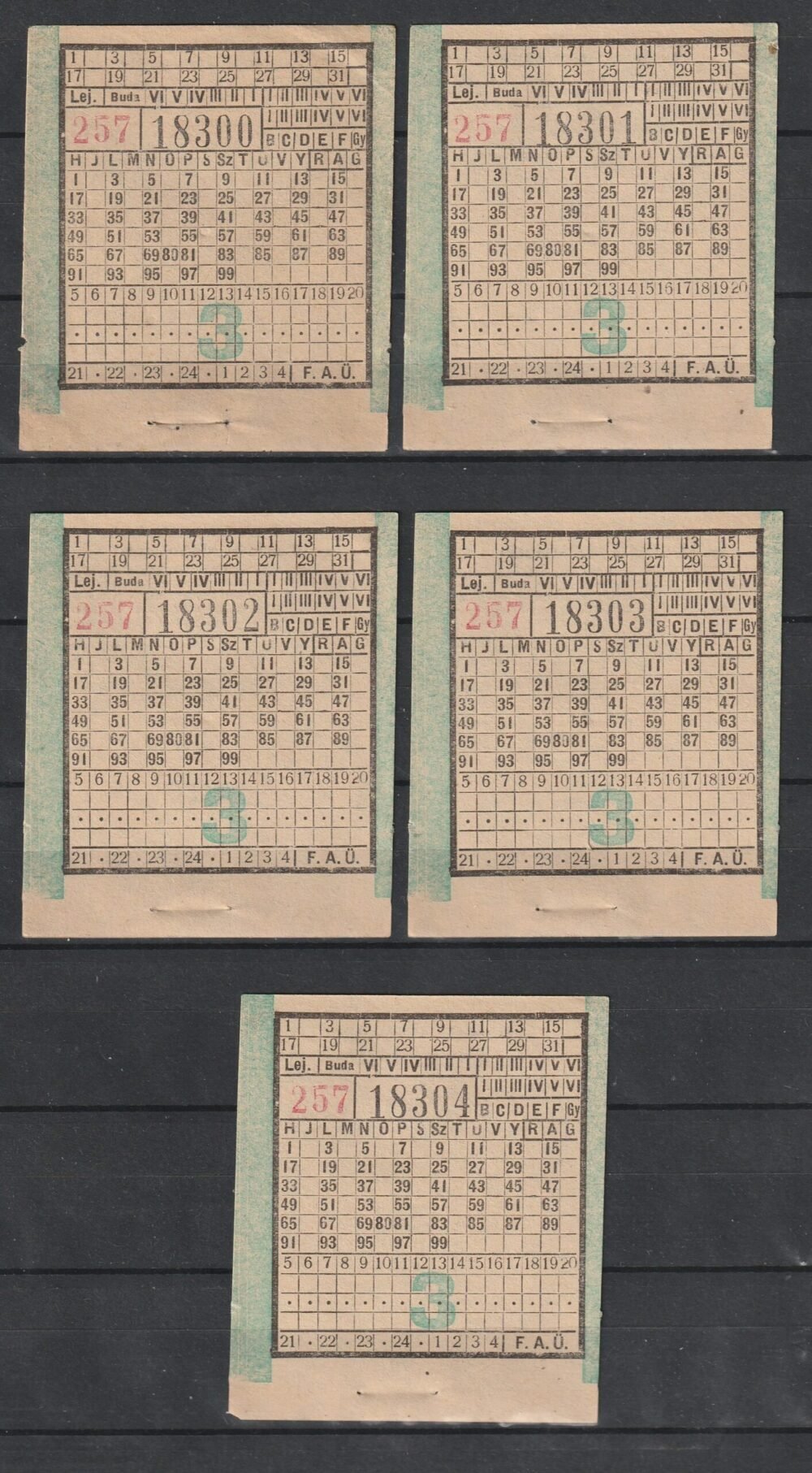 5 db használatlan, sorszámkövető FAÜ 3 Ft-os autóbusz jegy