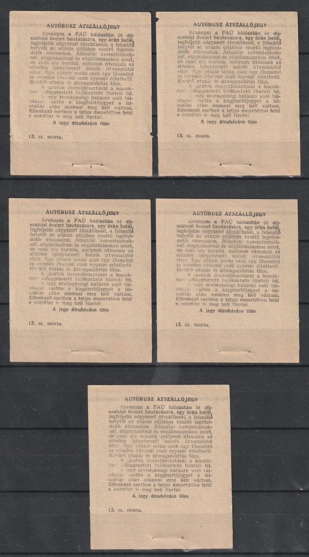 5 db használatlan, sorszámkövető FAÜ 3 Ft-os autóbusz jegy