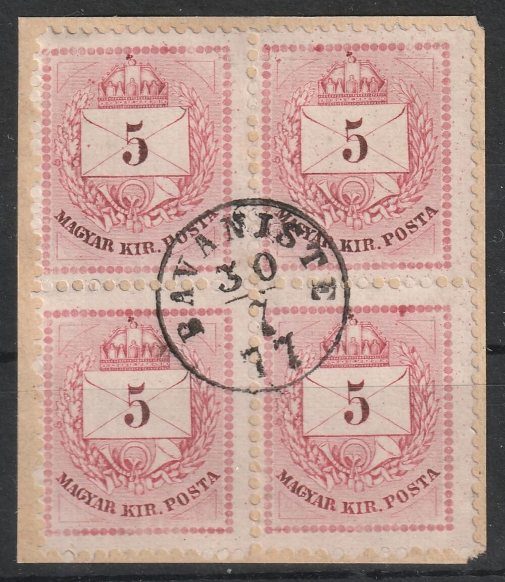 1874. 5 kr négyes tömb kivágáson több nyomdai érdekességgel - BAVANISTE