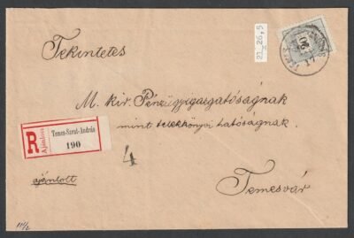 1894. TEMES-SZENT-ANDRÁS (Gudlin 150 pont) Temesvárra feladott 2. súlyfokozatú ajánlott levél, "4" érdekes irányító bélyegzés!