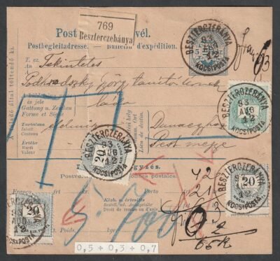 1893. BESZTERCZEBÁNYA / KOCSIPOSTA, Apostagra feladott szállítólevél, 3 db erősen elfogazott FÉSŰS fogazatú 20 krajcárossa - nagyon szép tiszta darab!