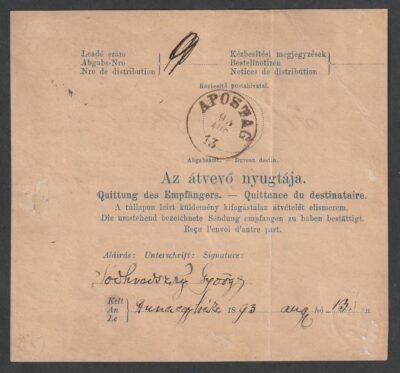 1893. BESZTERCZEBÁNYA / KOCSIPOSTA, Apostagra feladott szállítólevél, 3 db erősen elfogazott FÉSŰS fogazatú 20 krajcárossa - nagyon szép tiszta darab! - Image 2