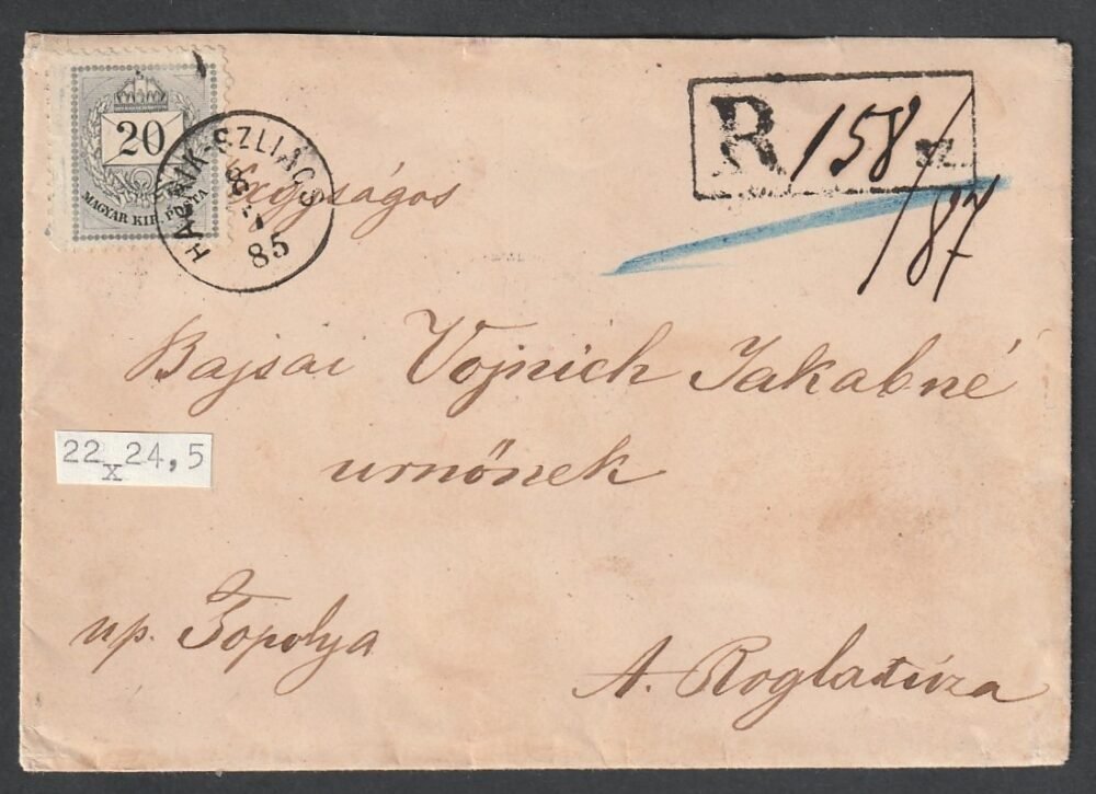 1885. HAJNIK-SZLIÁCS, A. Roglatiza -ba feladott 2. súlyfokozatú ajánlott levél, utolsó postahely érkezési bélyegzéssel: TOPOLYA - hátoldalon a családi címerben 5 ágú korona (bárói rang!)