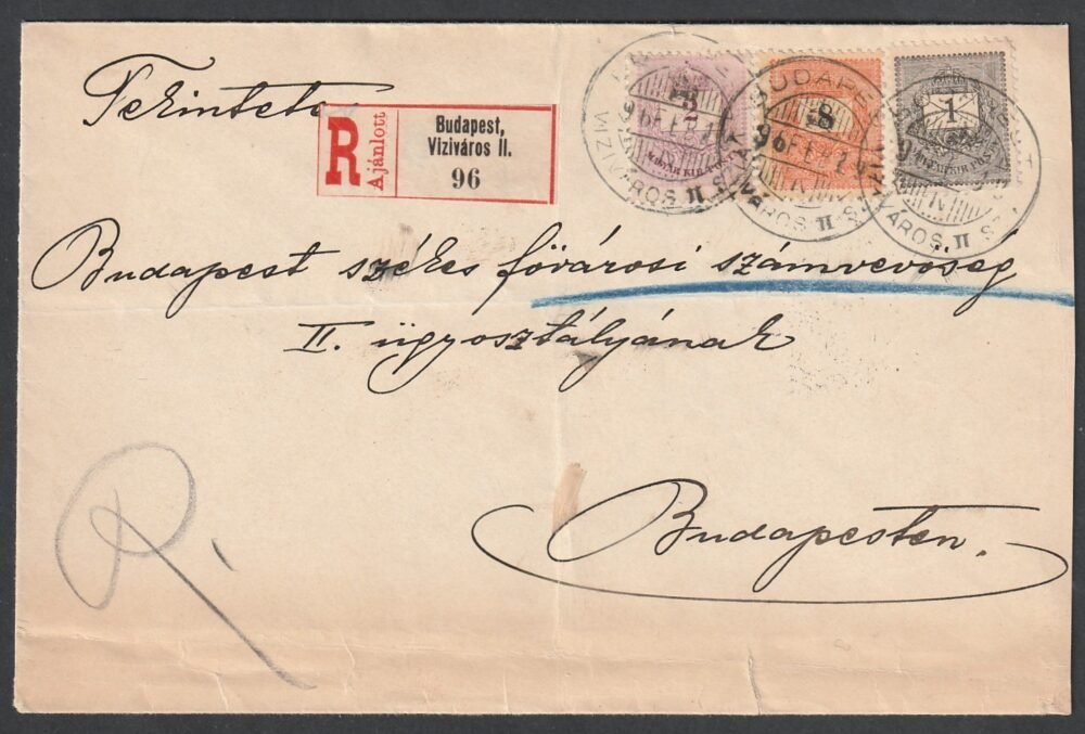 1896. Budapest Viziváros II. helyi ajánlott levél, 3 színű bérmentesítéssel