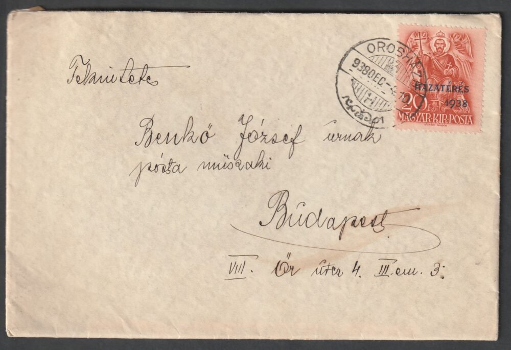 1938. Orosháza, Budapestre feladott levél, teljes tartalommal