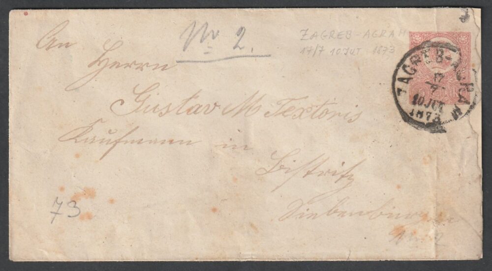 1873. AGRAM - 1871 5krajcáros díjjeyes boríték- Bistritz (Besztercze)-re feladva