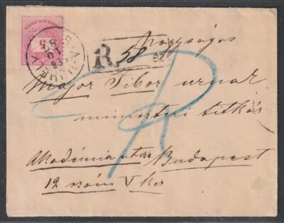 1887. S.A.UJHELY, Budapestre feladott ajánlott levél, hátoldalon rendkivül keskenyre fogazott 10kr (18,5 mm) - Image 2