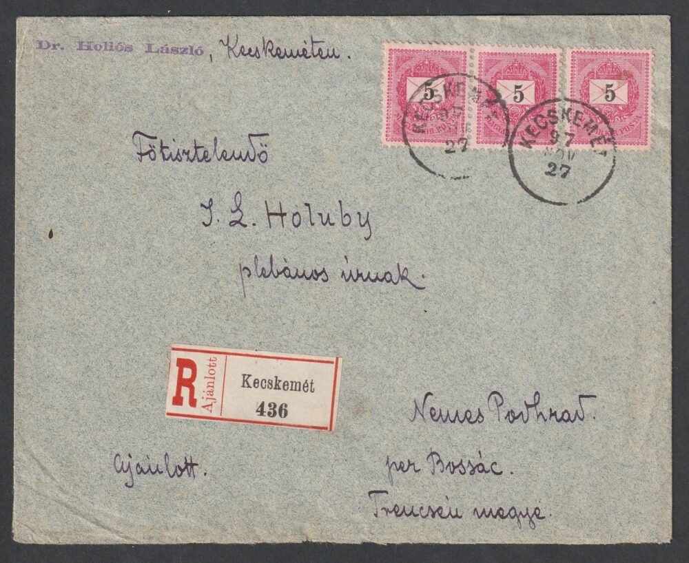 1897. Kecskemét, Nemes-Podhrágyra feladott ajánlott levél, Bossácz utolsó postahely bélyegzéssel
