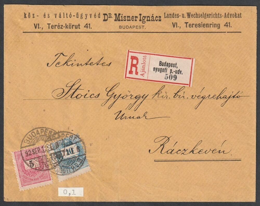 1892. Budapest, Ráckevére feladott ajánlott levél, 10 krajcáros szomszéd bélyegképbe csúszott fésűs fogazással