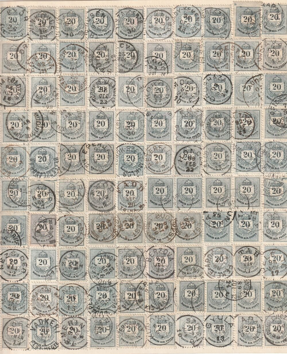 1881. 20 kr 100 képes ívrekonstrukció, több összefüggéssel köztük négyescsík, stb.